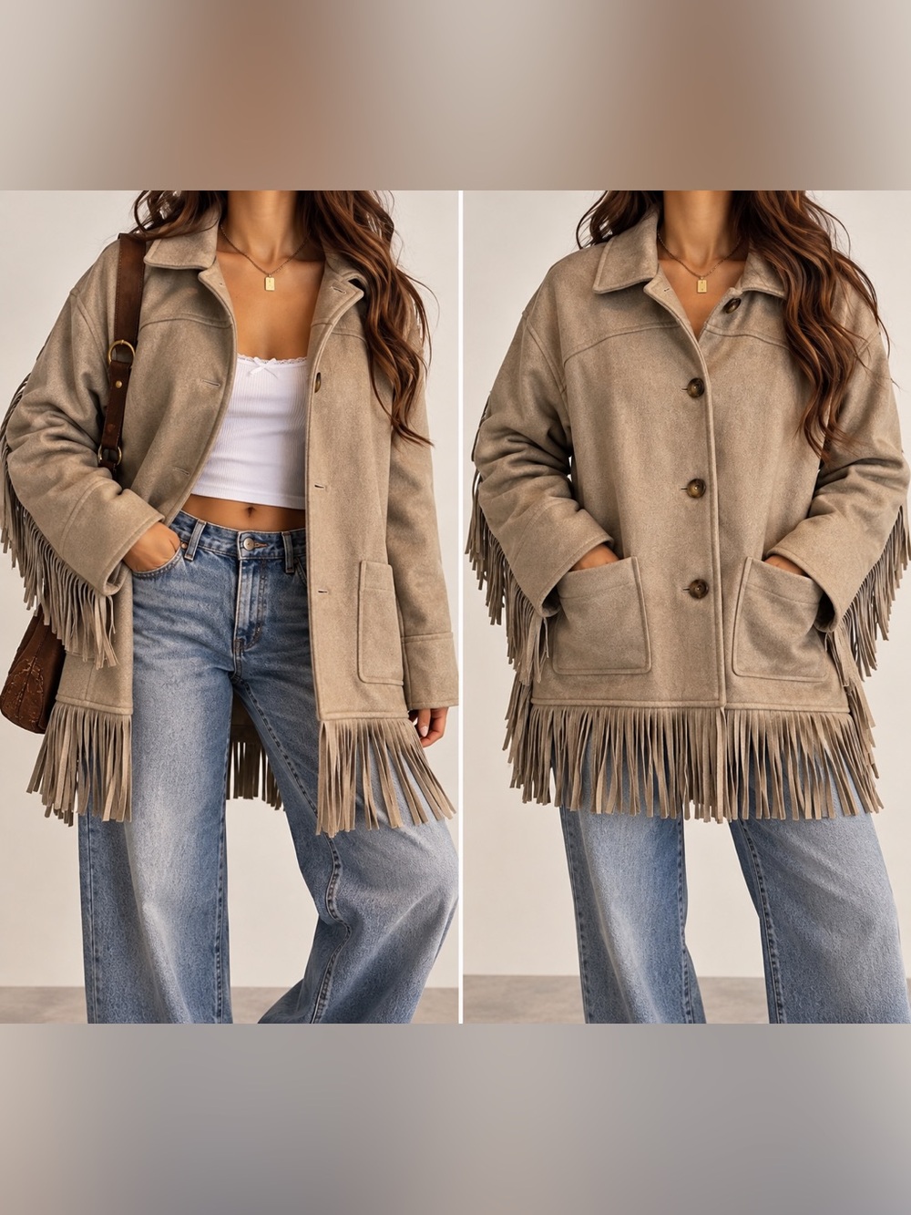Tower Hill by Christie Brinkley Taupe Fringe Western Jacket Size M
